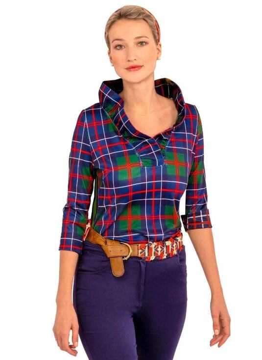 Gretchen Scott Designs Tops - Gretchen Scott Ruffle Neck 3/4 Sleeves Top Balmoral Plaid Multi Small